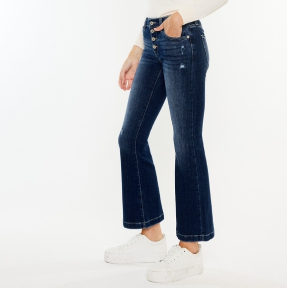 KanCan Mid-Rise Jeans Slim Fit Tapered Flare Button Fly Distressed Denim Pants - Picture 2 of 13